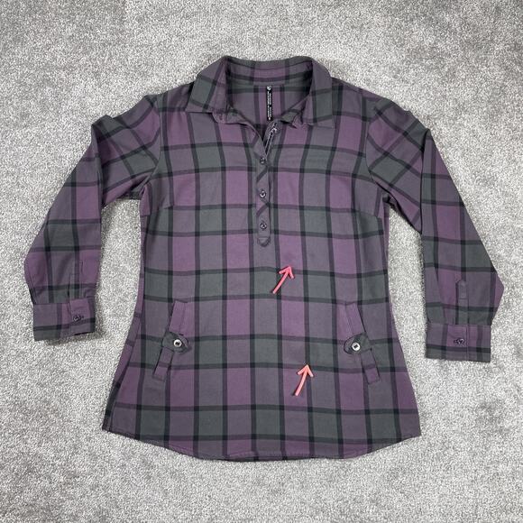 Kuhl Flannel Shirt Womens Small 1/2 Button Pockets Plaid Purple Outdoors - Picture 3 of 15